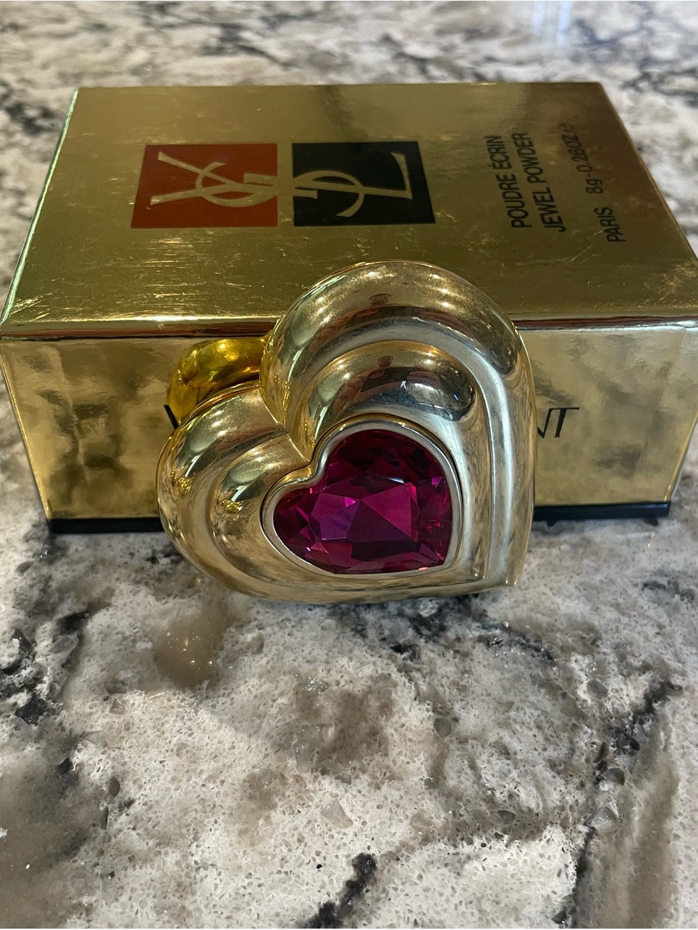 Yves Saint Laurent Gold Heart Compact with Fuchsia Gem